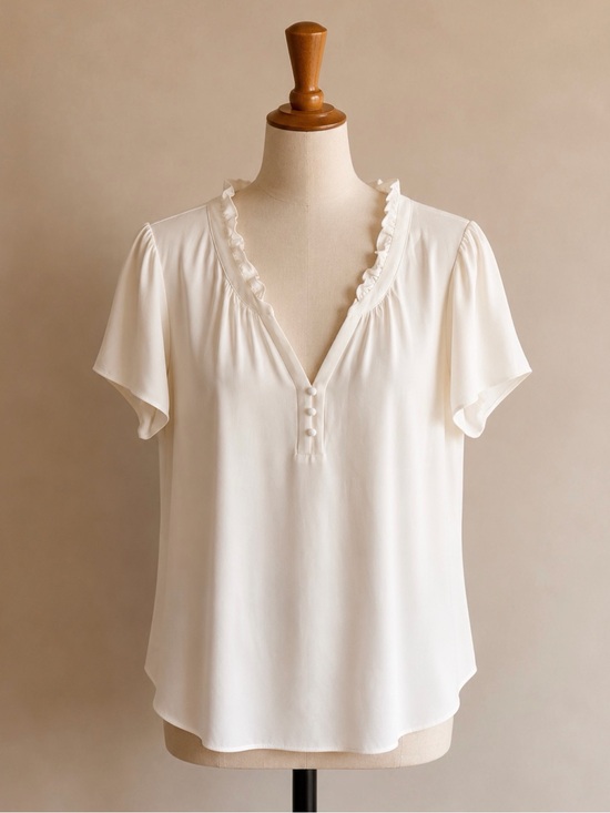 White House Black Market Tops - White House Black Market Cream Ruffle V-Neck Button-Trim Blouse
